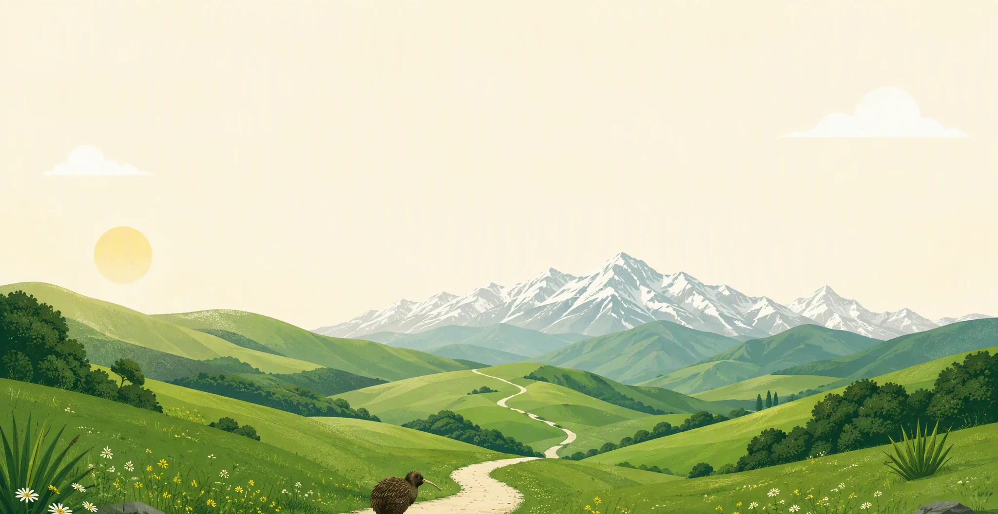 Illustration of rolling green New Zealand hills with a winding path toward distant snowy mountains, a kiwi bird standing on the path